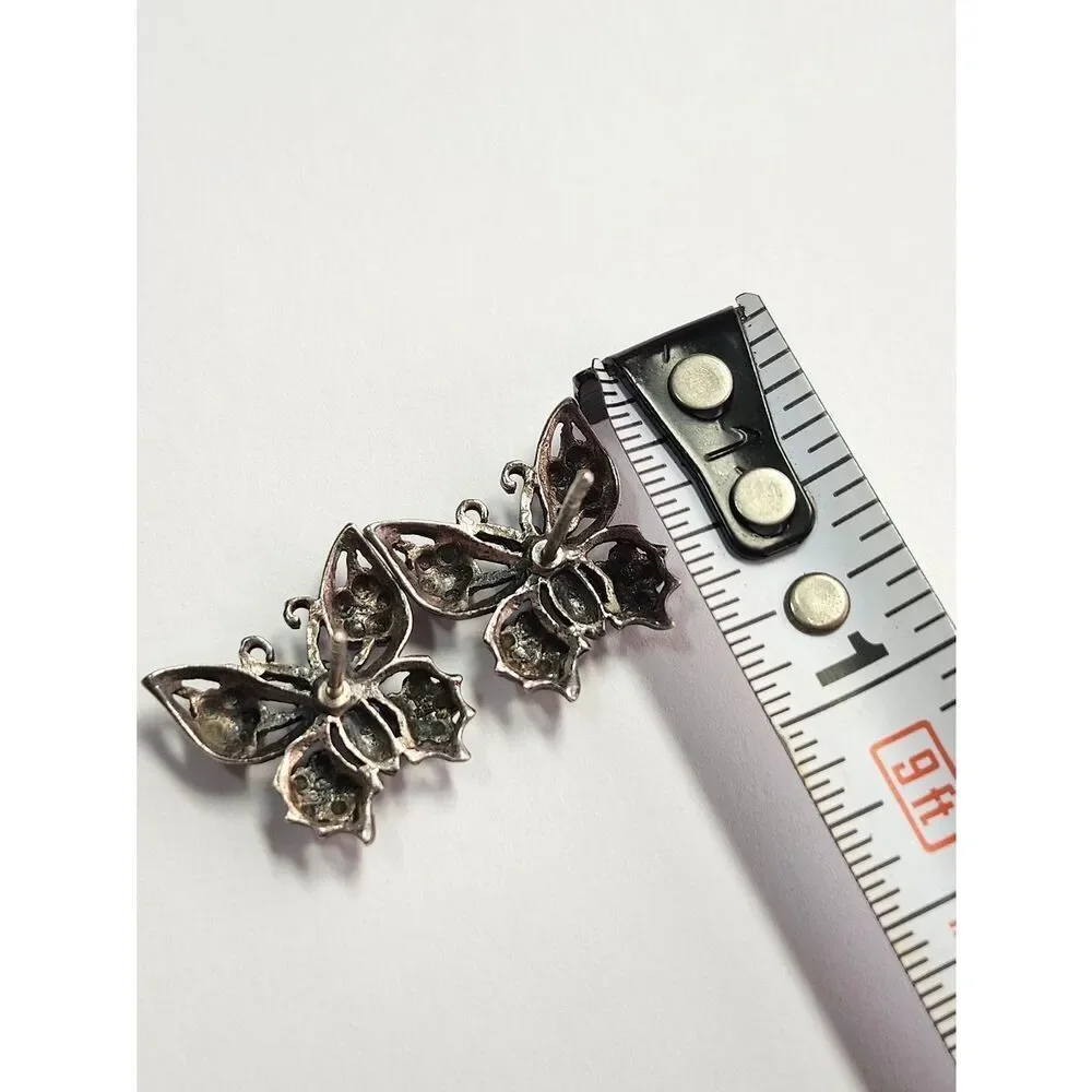 Vintage Sterling Silver Crystal Rhinestone Butterfly Earrings 925